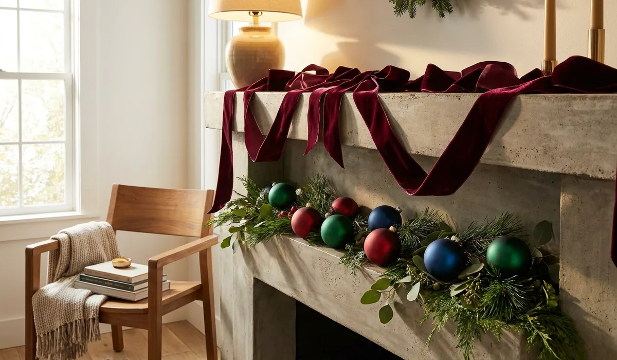 Burgundy velvet ribbons drape across a concrete mantle