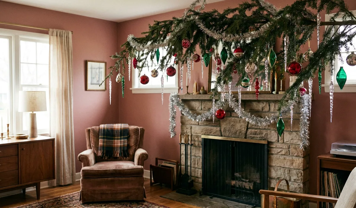 Dusty rose walls frame a fir bough laden with mismatched glass ornaments—sparkling icicles