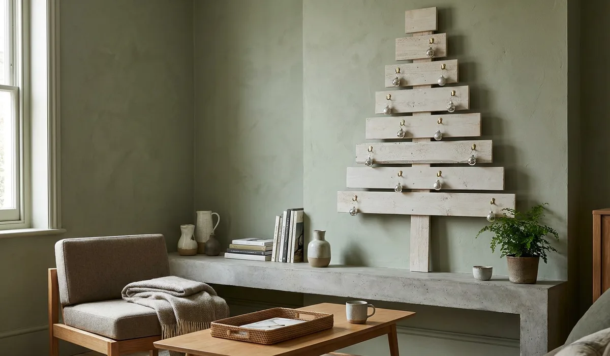 Against a sage green wall in a tiny living room