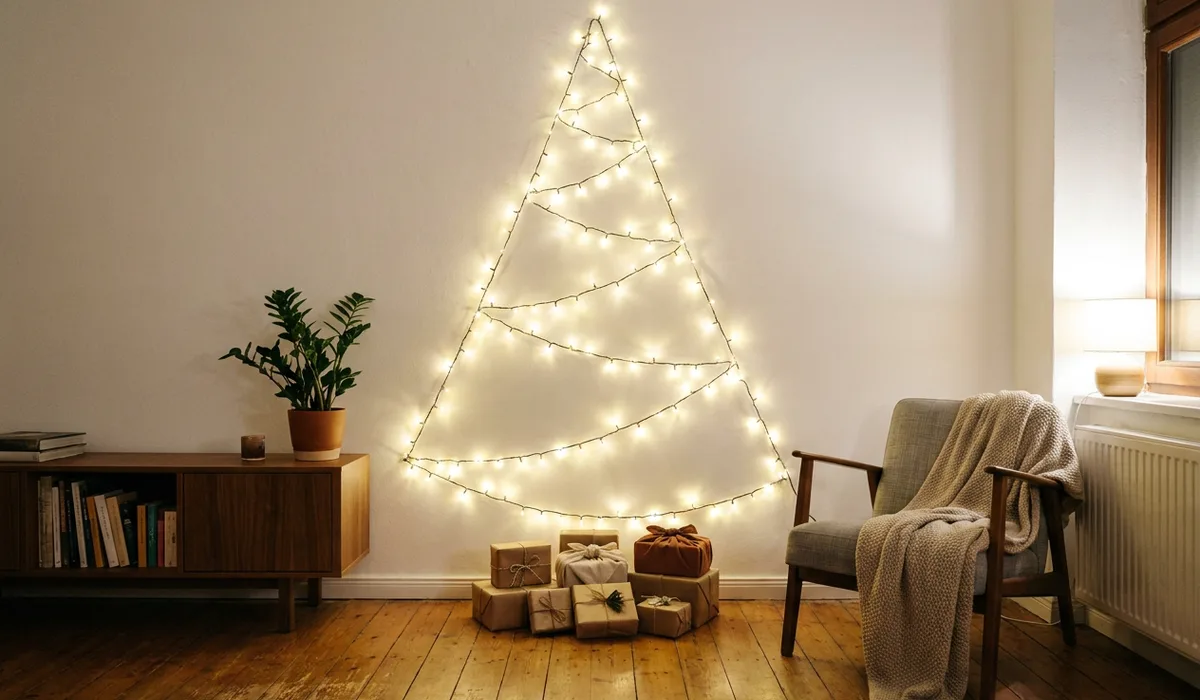 Wall Christmas tree made from string lights arranged in a triangle shape on a white apartment wall