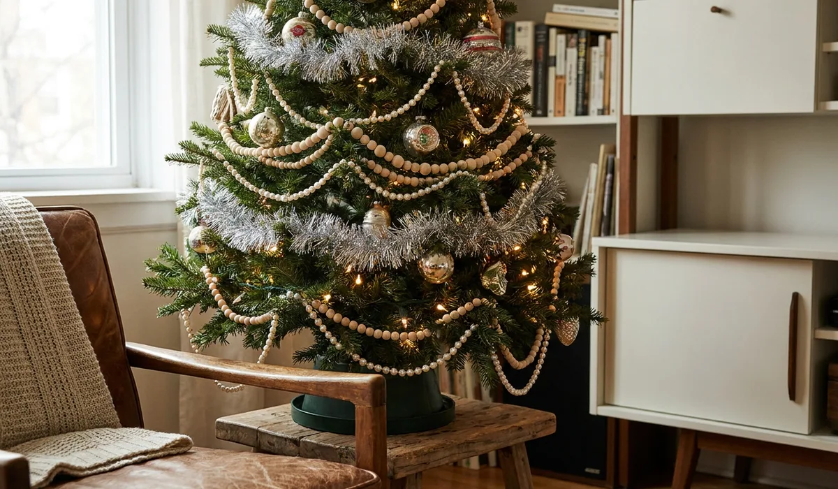 Small Christmas tree decorated with multiple garlands including pearl strands