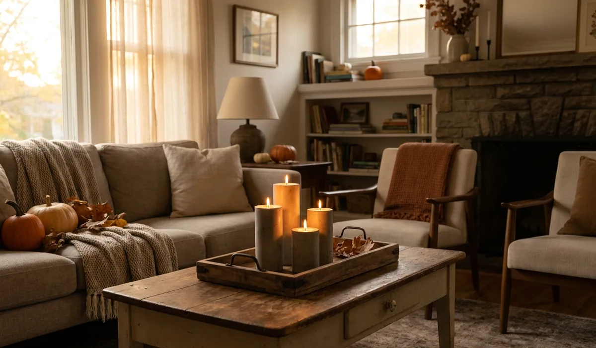 Golden flickers from three concrete-based pillar candles