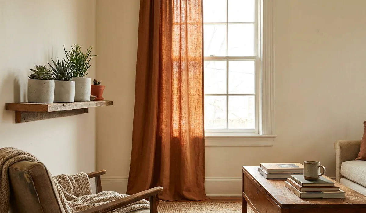 Single rust-hued linen curtain panel