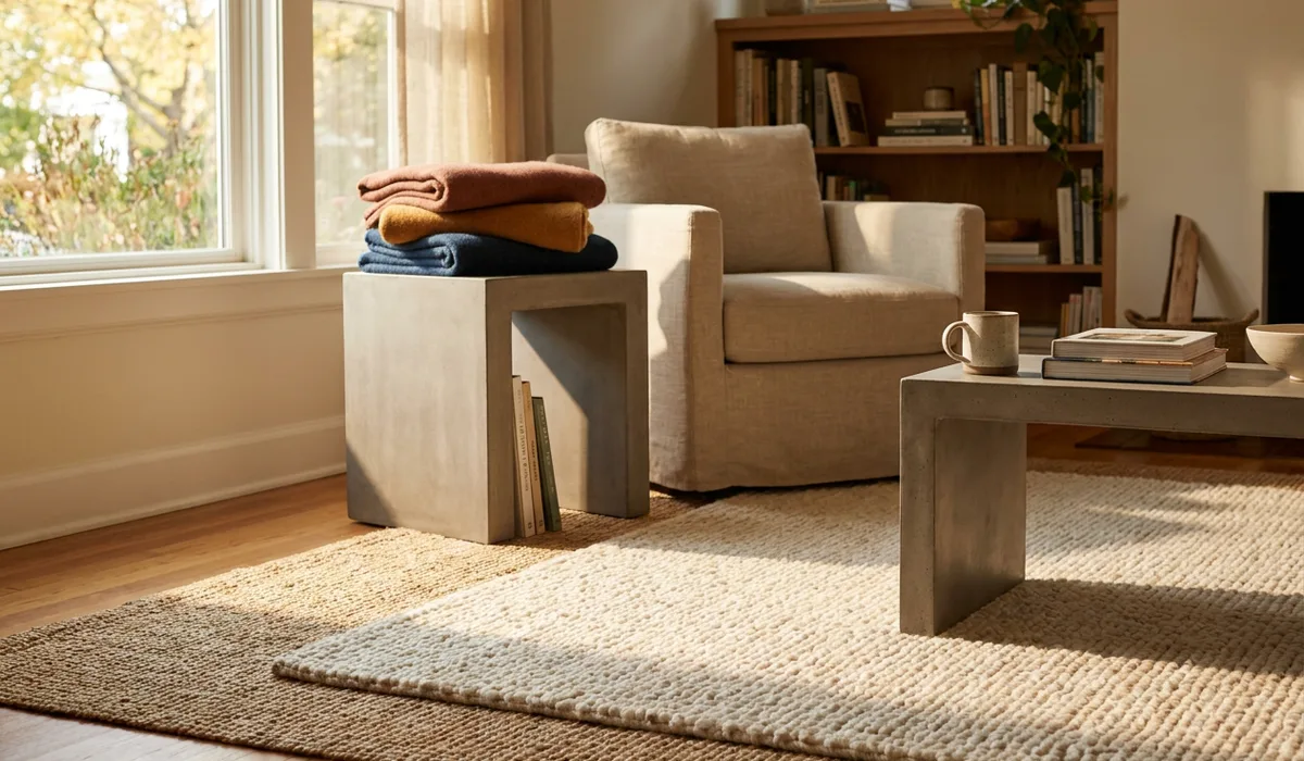 Sunlight spills across a small American living room