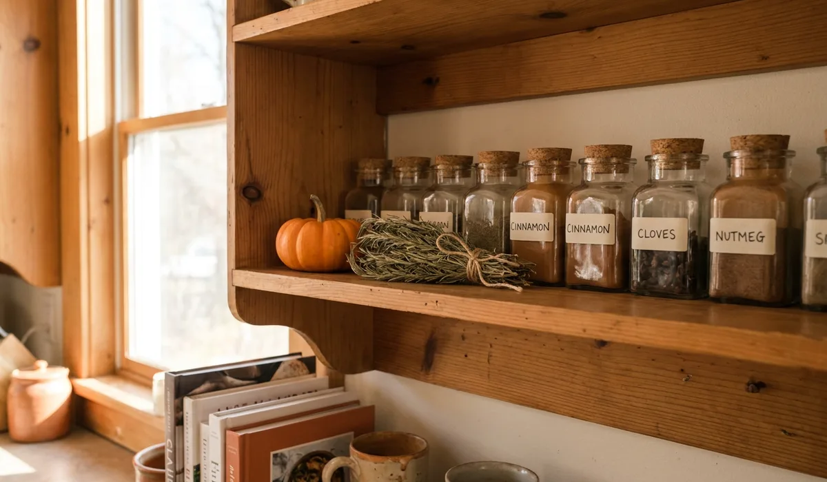 Sunlight warms a small American kitchen shelf