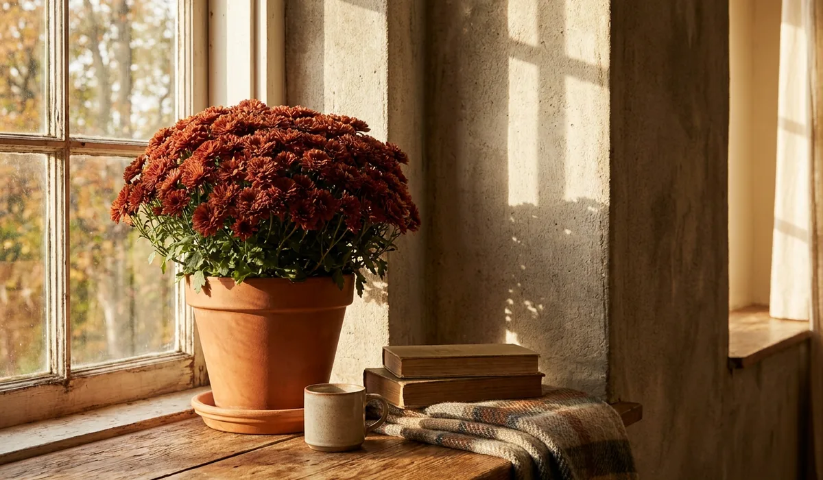 Sunlit windowsill in a cozy American home cradles a vibrant rust-colored potted mum in a terracotta pot