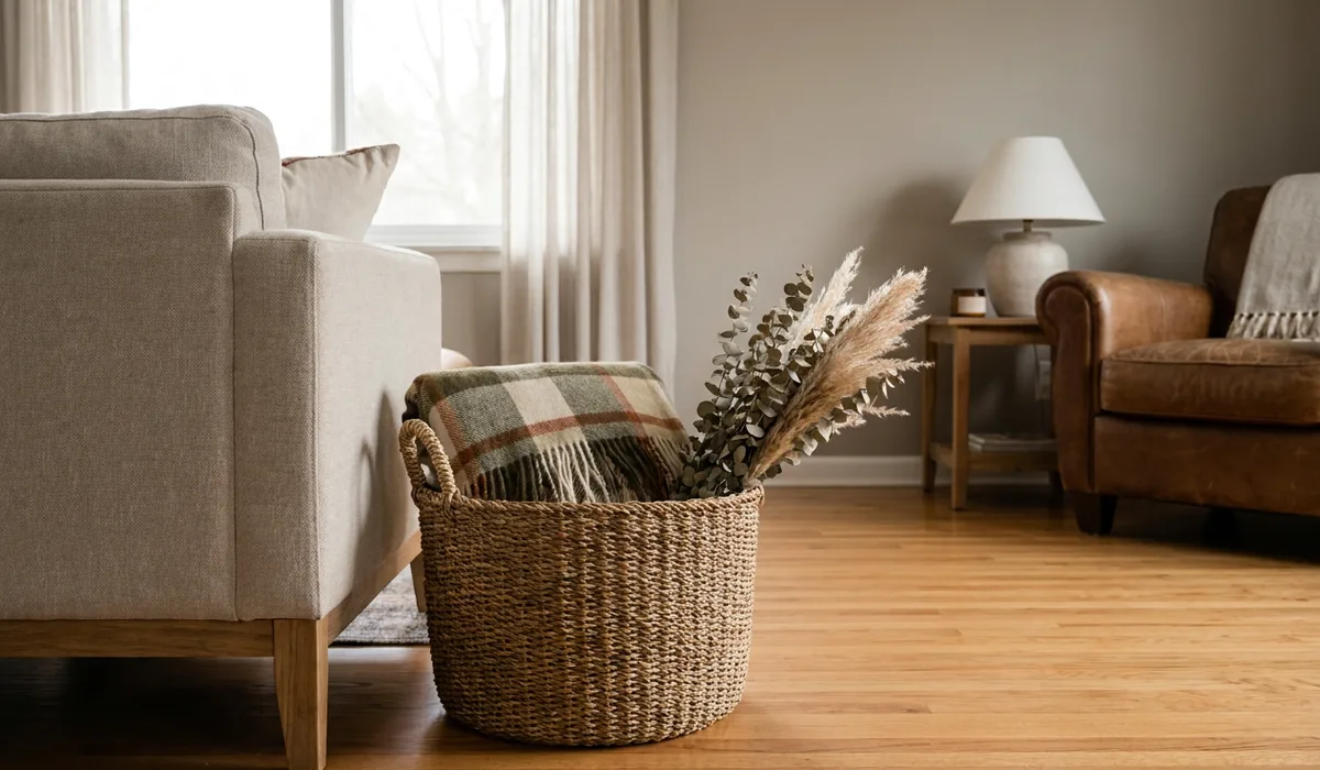 Small living room with a round woven seagrass basket placed beside a sofa leg