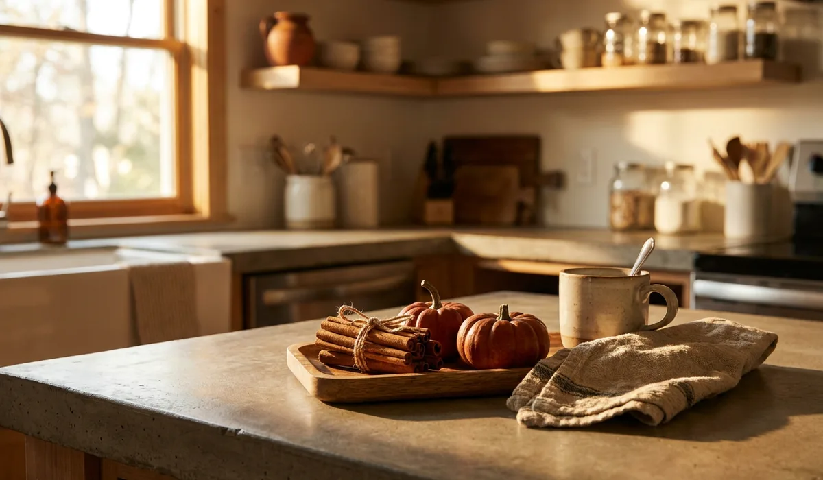 Warm light spills across a concrete counter