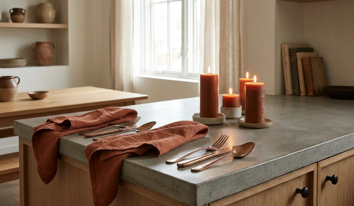 Terracotta napkins draped beside copper flatware on a polished concrete counter